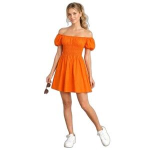 GUESS Orange Smocked Mini Dress Puff Sleeve Off Shoulder Cotton Women M